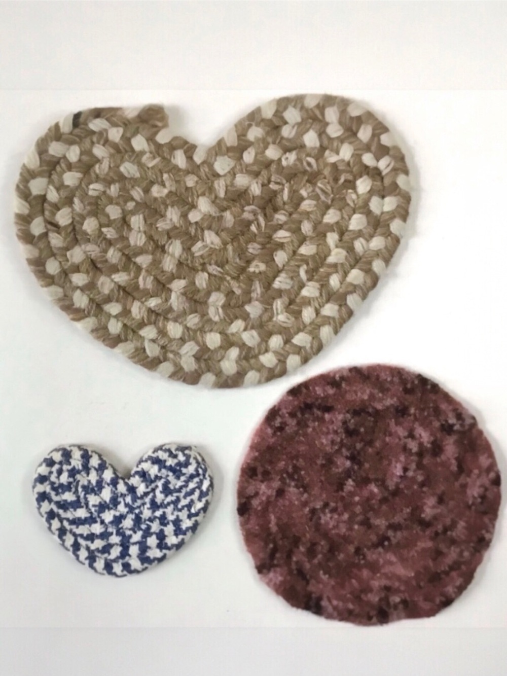 Vintage Braided Mats, Coasters, Hot Pads, Trivets Lot of 3 Heart & Round Shapes